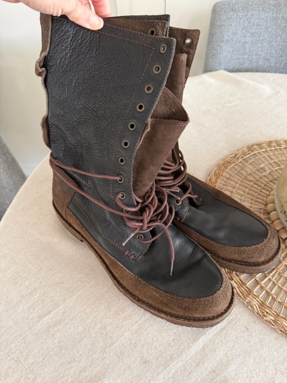 Frye Owen Foldover Mens Boots Size 10 Black/brown Lace Up Made In Mexico